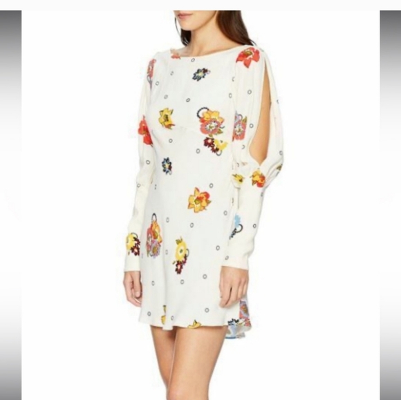 EUC Size 0 Free People ivory "Sunshadow" floral slitsleeve mini dress - Picture 2 of 7